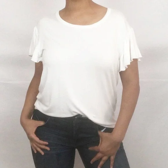NWT Chaser Ivory White Flutter Ruffle Sleeve Tee Medium - Picture 3 of 5